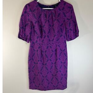 Banana Republic Purple Damask Silk Blend Sheath Dress Short Puff Sleeve Size 4